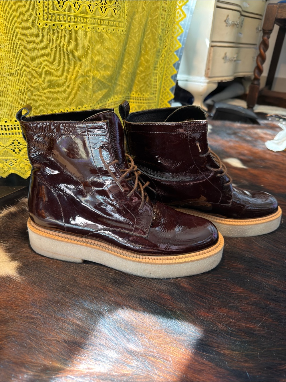 Paloma Barcelo Shiny Burgundy Lace-Up Ankle Boots